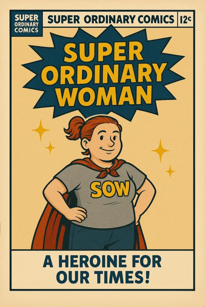 Comic book cover featuring Super Ordinary Woman standing heroically with her cape, in a bold retro design with the title “Super Ordinary Woman” in comic-style font.
